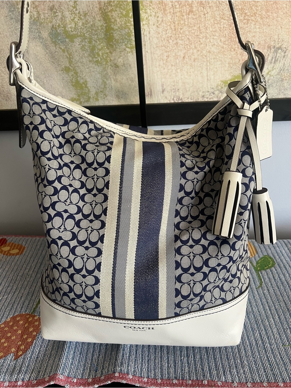 Coach Signature Canvas Stripe Hobo Duffle Bag in Navy and White - Picture 1 of 16